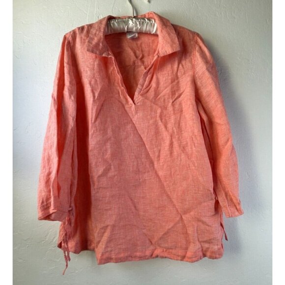 Sigrid Olsen Top Womens Coral Pink Linen 3/4 Sleeve Popover Blouse Medium Collar - Picture 1 of 8